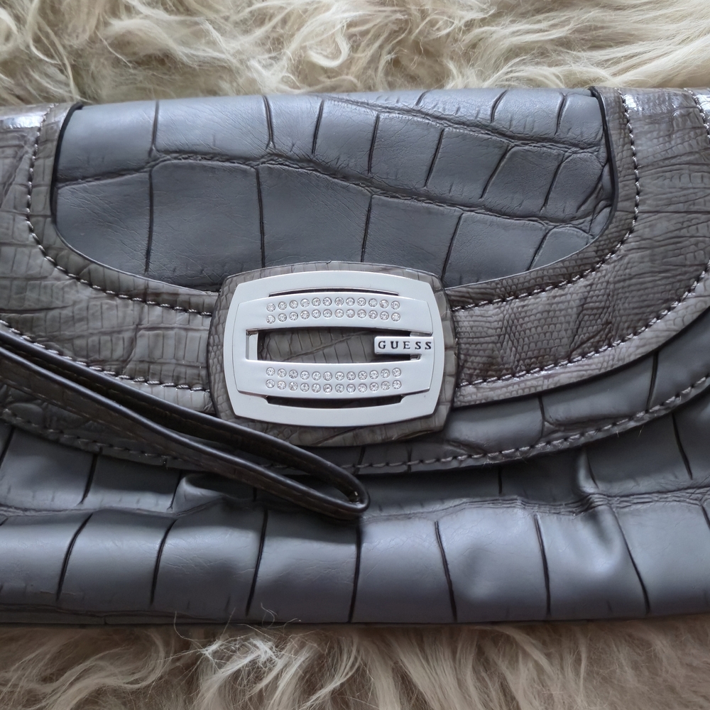 GUESS Gray Crocodile Embossed Clutch